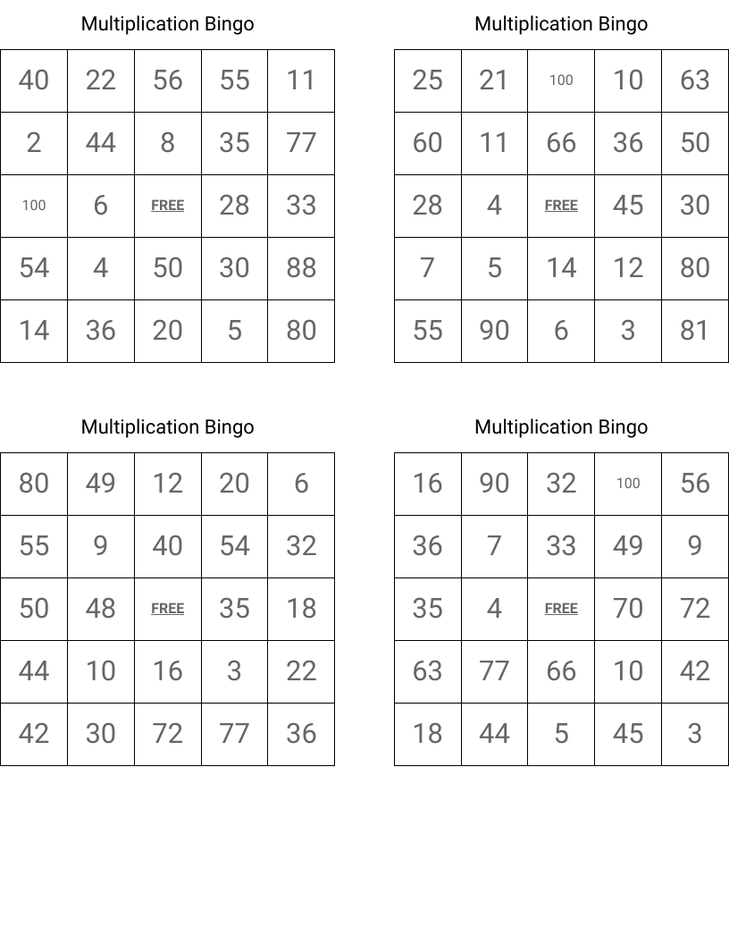 multiplication bingo free printable