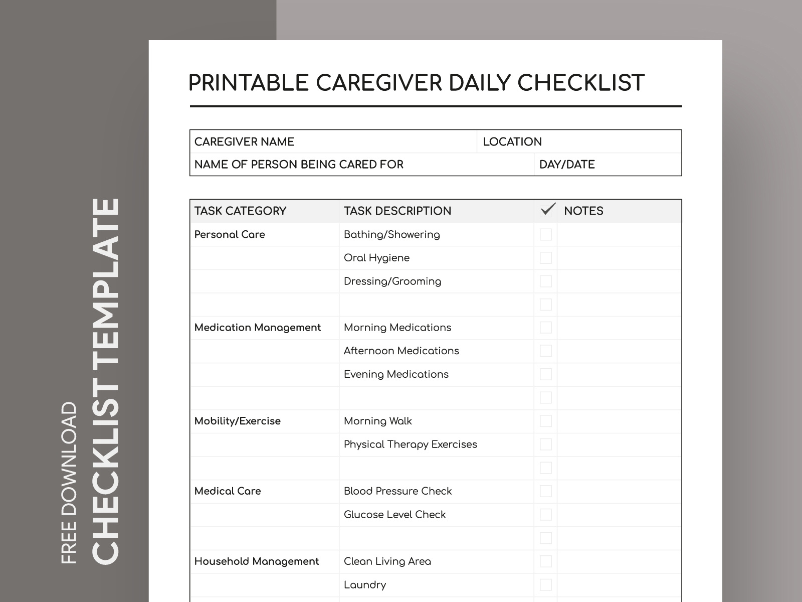 free printable caregiver checklist