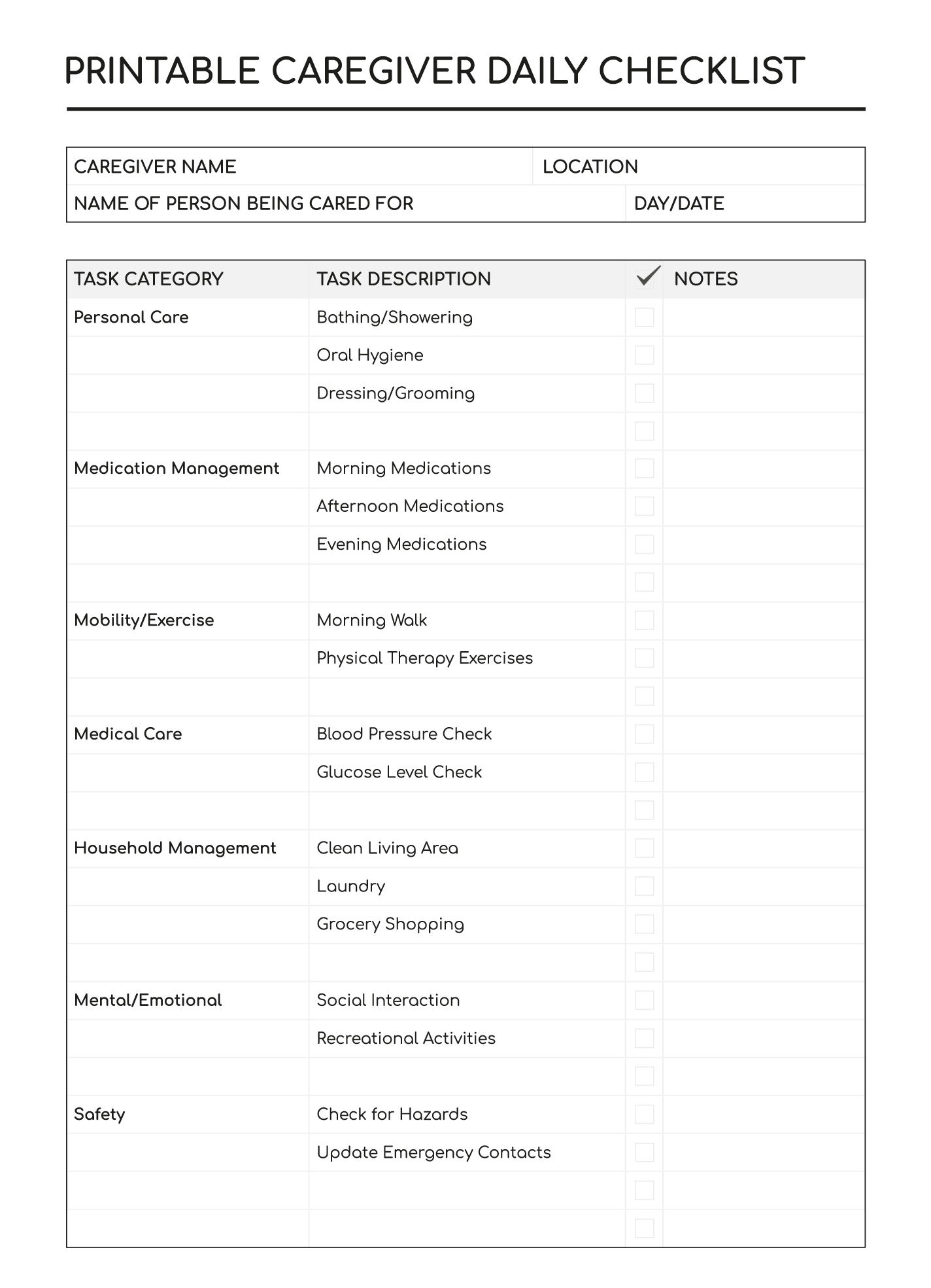 free printable caregiver checklist