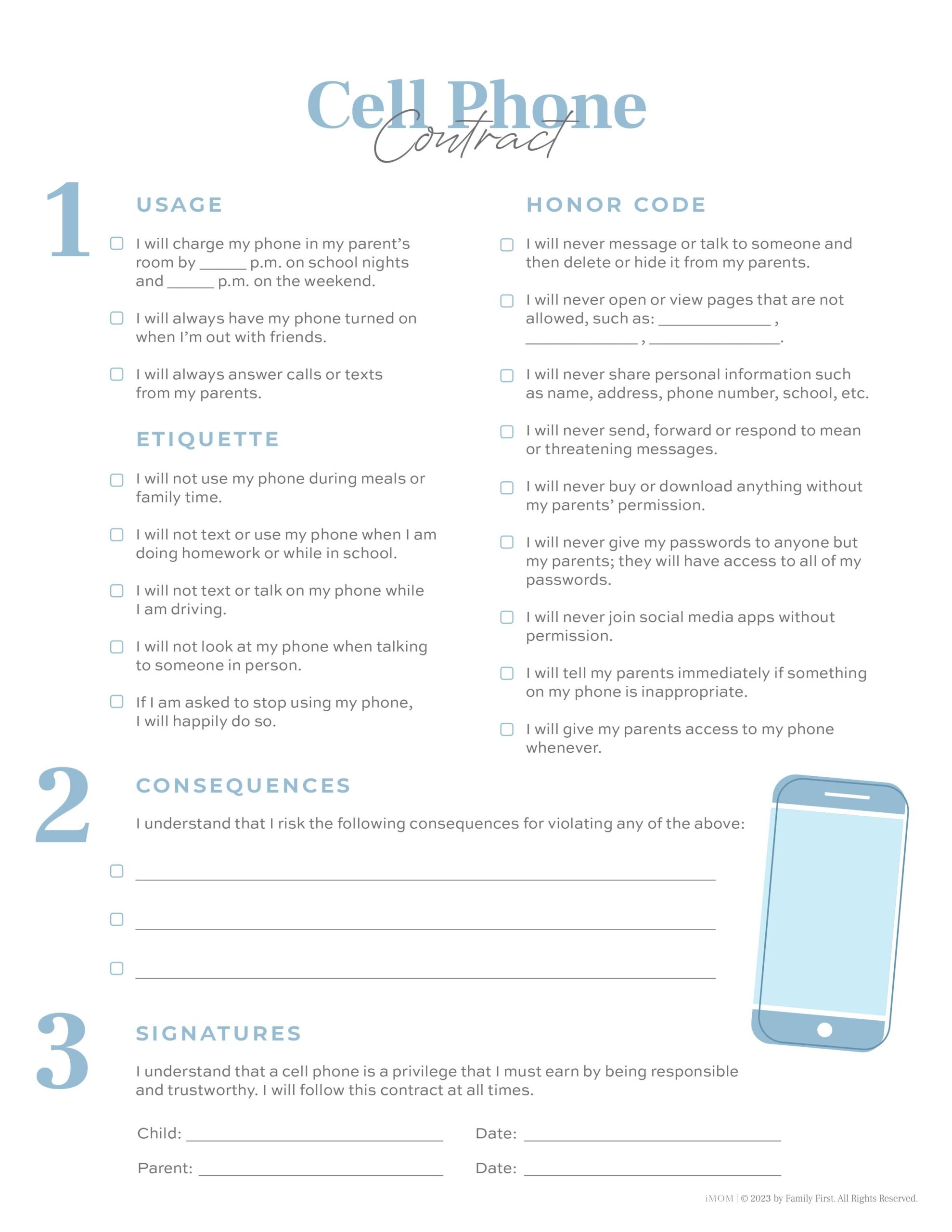 free printable child cell phone contract